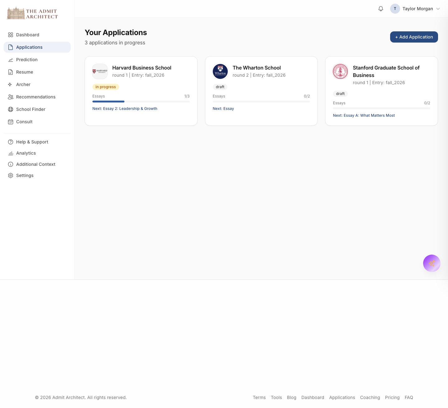 Applications view with per-school completion status.
