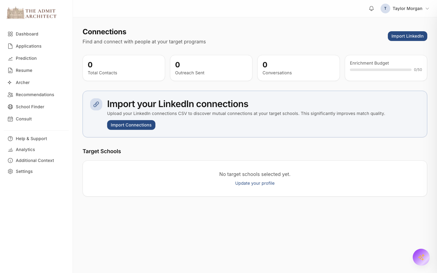 Per-school candidate matches with the reasoning behind each one.