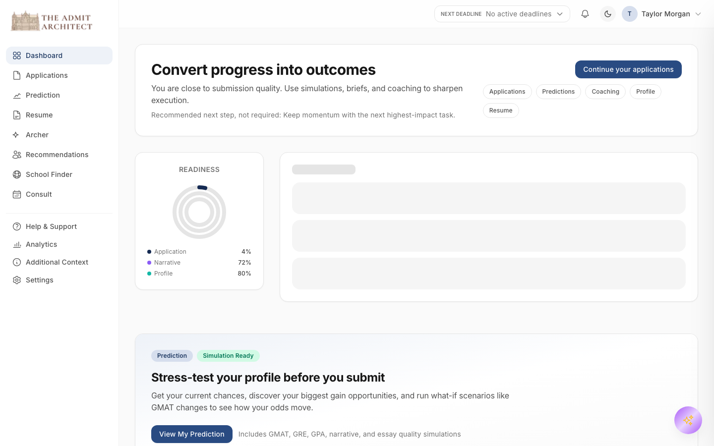 The dashboard with your first application underway.