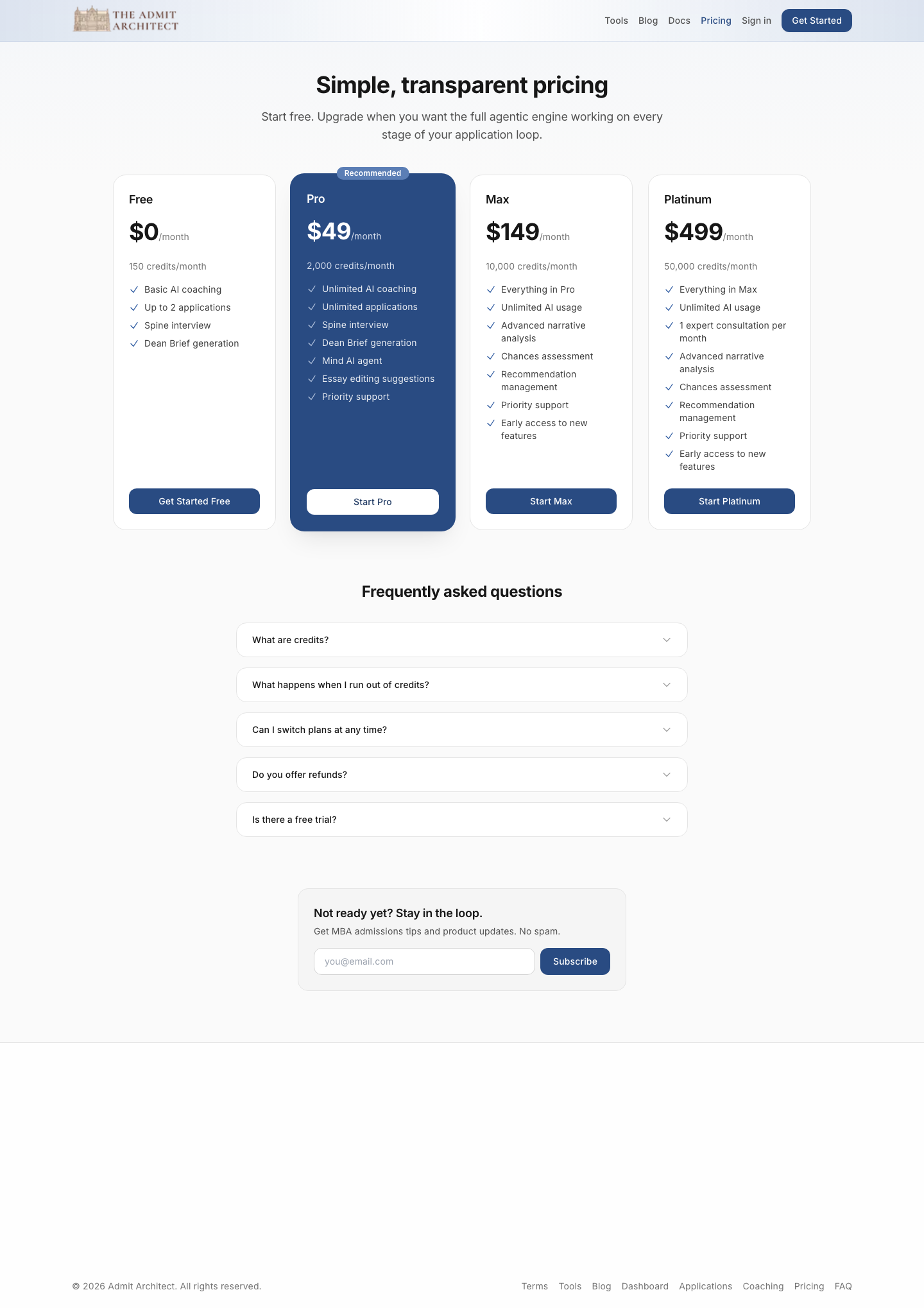 The current plan tiers. See /pricing for authoritative numbers.