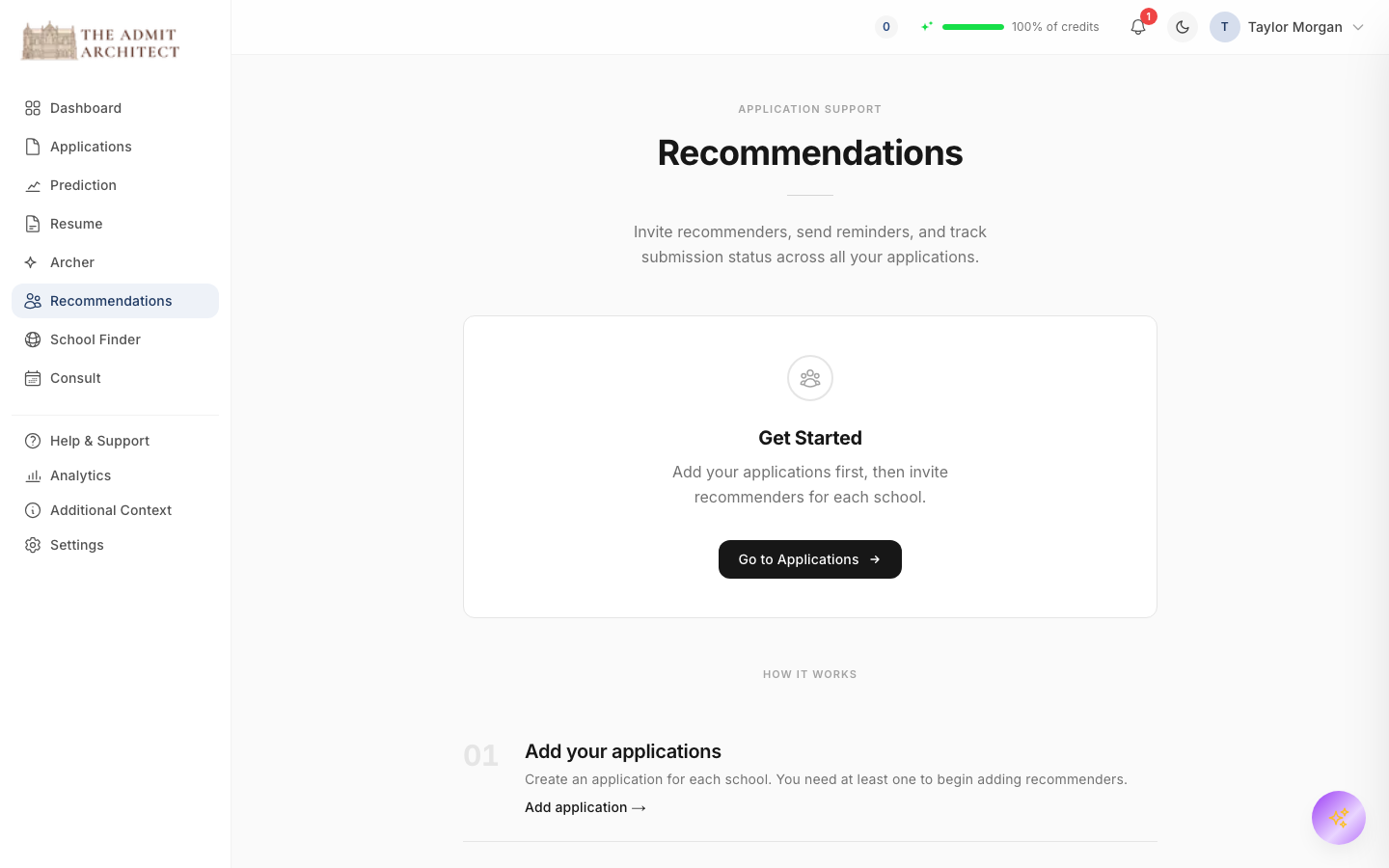All recommenders across all schools, with live status per school.